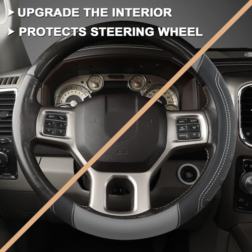 GIANT PANDA Car Steering Wheel Cover for RAM 1500 2500 3500, Compatible with Dodge RAM 15.5-16 inches - Black+Gray - color: A-Black+Gray