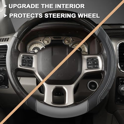 GIANT PANDA Car Steering Wheel Cover for RAM 1500 2500 3500, Compatible with Dodge RAM 15.5-16 inches - Black+Gray - color: A-Black+Gray