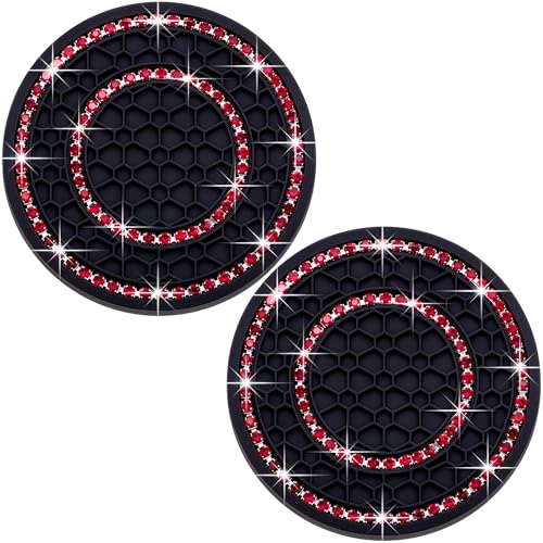 2PCS Bling Crystal Rhinestone Cup Holder Coaster, 2.75 inch Soft Silicone Anti-Slip Shockproof, Car Cup Holder Insert Coasters, Universal Car Interior Accessories for Women (Black & Red) - color: Black & Red, size: 2 pcs