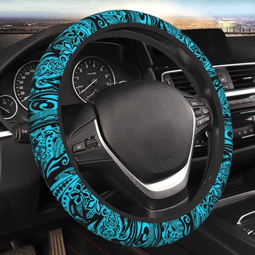 Hawaiian Polynesian Teal Tribal Car Steering Wheel Cover for Women Men 14-15 Inch Stretch Cloth Anti-Slip Wrap Protector Case Fit Universal Auto Accessories Decor Sweat Absorption - color: Hawaiian Samoan Polynesian Teal Tribal Threads