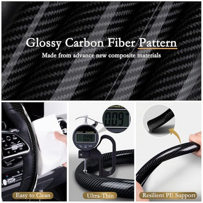 Aimato Car Steering Wheel Cover Carbon Fiber, Ultra-Thin Car Steering Wheel Cover,Comfortable & Breathable Microfiber,Universal Fit for Most Cars, Bright Black - color: Bright Black