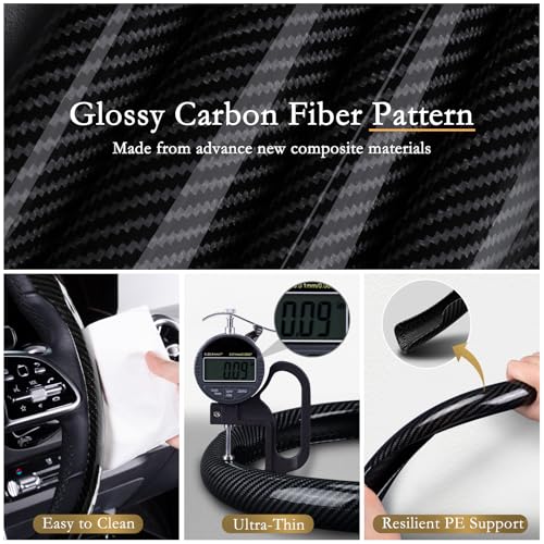 Aimato Car Steering Wheel Cover Carbon Fiber, Ultra-Thin Car Steering Wheel Cover,Comfortable & Breathable Microfiber,Universal Fit for Most Cars, Bright Black - color: Bright Black