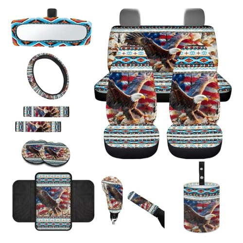 Wanyint Car Seat Covers Front Rear Full Set Steering Wheel Seat Belt Pads Coasters Waste Bin Armrest Pad Cup Holders Rearview Mirror Handbrake Cover Set, 14 Pack, Aztec Eagle American Flag - color: Aztec Eagle American Flag