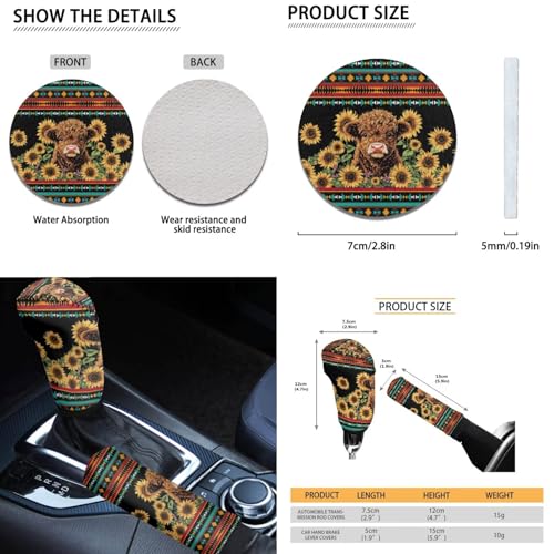 Dreaweet Car Seat Covers Full Set with Steering Wheel Cover/Armrest Cover/Seatbelt Covers/Cup Coasters/Gear Shift Cover/Handbrake Cover,12 Pcs Aztec Highland Cow Sunflower Car Accessories Deocr - color: Aztec Highland Cow Sunflower
