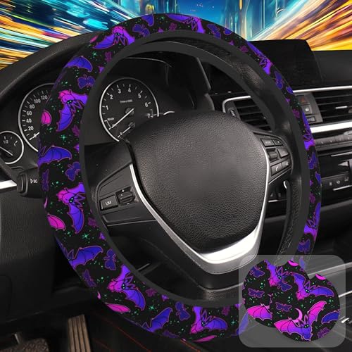 Purple Bat on Starry Sky Steering Wheel Cover with 2 Pcs Car Coasters Neoprene Steering Wheel Cover for Women Men Anti-Slip Breathable Car Accessories Universal 15 Inch Fit Auto Cars Trucks - color: Purple Bat on Starry Sky