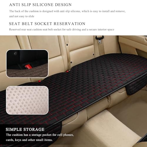Linen Car Seat Cover, Anti-Slip Bottom Bench Protector Rear Seat Pad with Storage Pockets, Comfy Breathable Long Rear Seat Cushion Pad for Most Vehicles, Car Accessories (Rear Black & Red) - color: Rear Black & Red