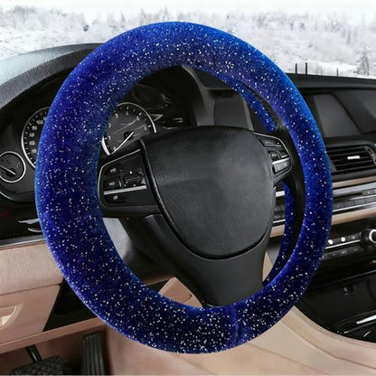 Blue Bling Starry Sky Furry Steering Wheel Cover, Universal 14.5-15 Inch Winter Plush Warm Steering Wheel Cover, Soft Fluffy, Anti-Slip Design, Soft Texture - color: Blue Starry Sky Plush