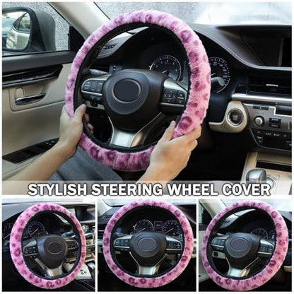 Leopard Steering Wheel Cover with Keychain, Elastic Fuzzy Fur Cheetah Car Steering Wheel Protector Women Girl Car Accessories Universal Fit 15 inch Fit Auto, Suvs, Truck- Pink
