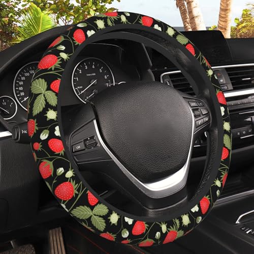 Strawberry Flowers Car Steering Wheel Cover, Non-Slip Absorbing Sweat Car Wheel Cover Accessories for Men Women,Universal 15" Fit Auto SUV Vans Trucks - color: Strawberry Flowers