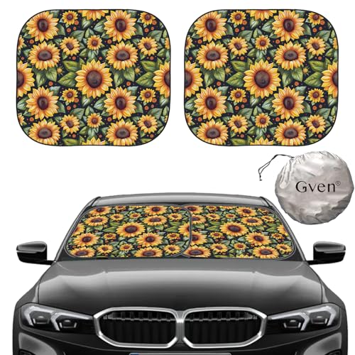 Gven Windshield Sun Shade 2pcs with Bonus Sunflower Car Sunshade for Front Window Shades 2025 Technology Reflect UV and Heat Sun Visor Automotive Interior Sun Protection (Sunflower, S) - color: Sunflower, size: Standard