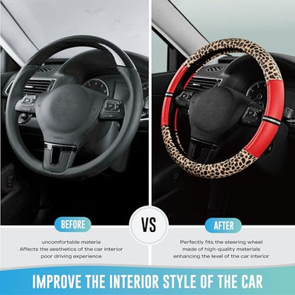 Road Comforts Leopard Steering Wheel Cover for Women, Cute Anti-Slip Microfiber Leather, Universal Fit 14.5-15 Inch Round Steering Wheel - Red - color: Round Red