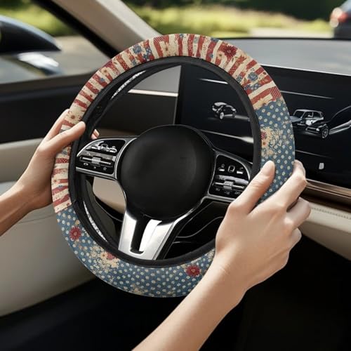 AFPANQZ American Flag Daisy Car Steering Wheel Cover Stretch-on Comfortable Grip Automotive Steering Wheel Cushion Anti-Slip Universal 14-15 inch Machine Washable - color: American Flag Daisy