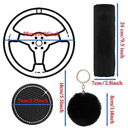 Cute Fluffy Steering Wheel Cover Set for Women, YUNXNYC 1 Set 8 Pieces Fluffy Car Accessories Set Soft Fuzzy Handbrake Cover Gear Shift Cover Fur Seat Belt Shoulder Pads Furry Ball Key Chain (Black) - color: Black