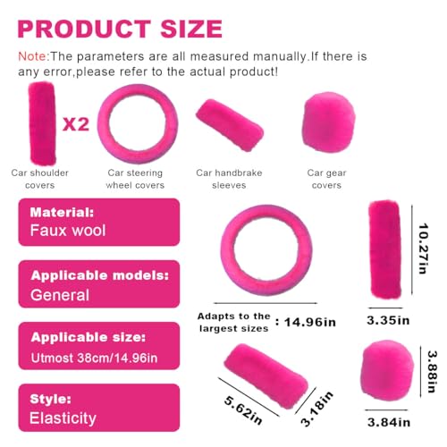 5PCS Fluffy Car Steering Wheel Cover Set, Includes Faux Fur Gear Shift Cover & Handbrake Cover & Steering Wheel Protector & 2 Seat Belt Shoulder Pads, Winter Fuzzy Warm Car Accessories (Rose Red) - color: Rose Red