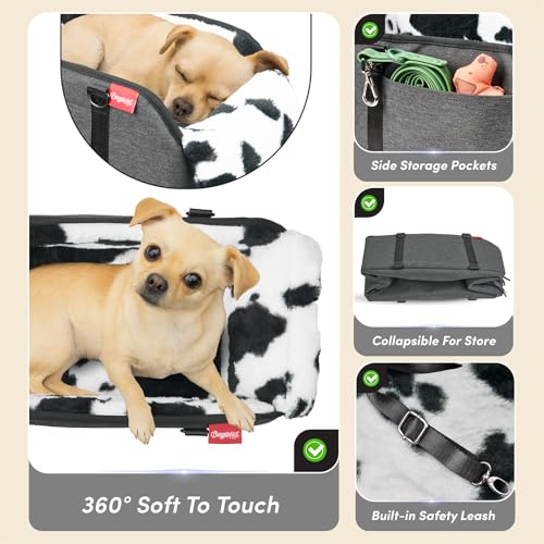 Center Console Small Dog Car Seat - Portable Pet Cat Puppy Booster Armrest Carseat Up to 11lbs, Anti-Collapse Comfort Car Travel with Washable Fluffy Cushion and Pillow, Milk Cow