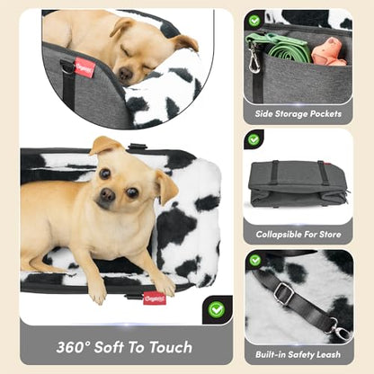 Center Console Small Dog Car Seat - Portable Pet Cat Puppy Booster Armrest Carseat Up to 11lbs, Anti-Collapse Comfort Car Travel with Washable Fluffy Cushion and Pillow, Milk Cow