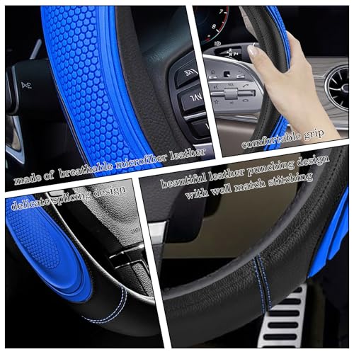 Blue Film Splicing Leather Steering Wheel Cover, Microfiber Leather, Anti-Slip, Breathable, Universal Fit for 14.5–15 in Steering Wheel Cover for Men Women - color: Film-Grained - Blue