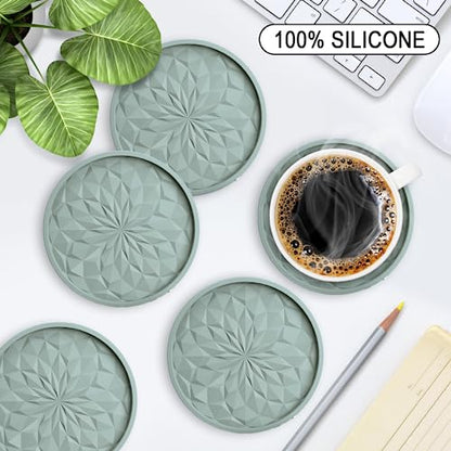 Silicone Coasters with Holder,[6 Pack] Drinking Coasters - Cup Mat for Hot or Cold Drinks, Thickened, Non-Slip, Non-stick,Deep Tray Desert Sage - color: Desert Sage