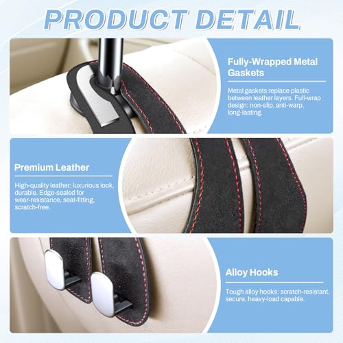 2PCS Car Purse Holder Hook, Seat Back Storage Hook, Leather-Wrapped Alloy Double Headrest Hook for Purses & Bags, Cute Car Interior Accessories for Women and Men, Black