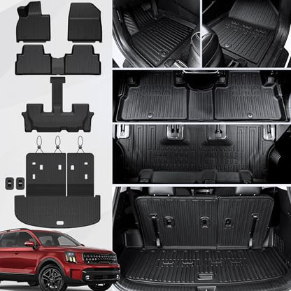 Floor Mats Cargo Mat with Backrest Mats for 2020-2025 Kia Telluride 7/8 Passenger Car Mats Accessories, All Weather TPE Protectors Cargo Liner Seat Back Covers(Floor Mats+2-in-1 Cargo Mat)