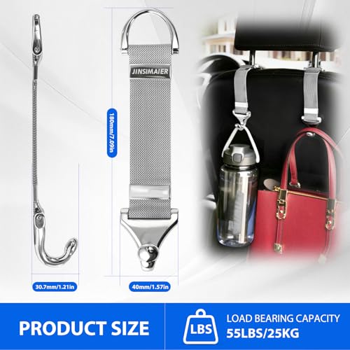 Car Seat Headrest Hooks and Purse Hook for Car 2 Pack Silver – Alloy Braided Chain Storage Hook for Purse, Handbag, Grocery Bags – Interior Organizing Car Accessories