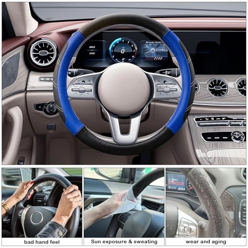 Black and Blue Line Punching Car Steering Wheel Cover, Microfiber Leather Sports, 14.5-15 in Universal Leather Wheel Covers, Breathable Fashion Anti-Slip, Steering Wheels Accessories for Men Women - color: Line Punching-Black and Blue