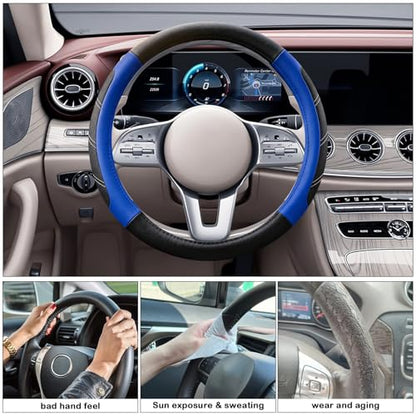 Black and Blue Line Punching Car Steering Wheel Cover, Microfiber Leather Sports, 14.5-15 in Universal Leather Wheel Covers, Breathable Fashion Anti-Slip, Steering Wheels Accessories for Men Women - color: Line Punching-Black and Blue
