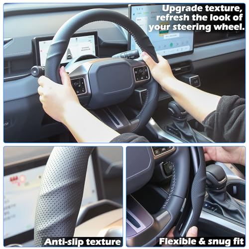 Leather Steering Wheel Cover – 14.5-15 in Universal Black, Perforated Breathable Grip, Anti-Slip Sport Ridge Pattern, Odor-Free Car Interior Upgrade for Cars Trucks SUVs