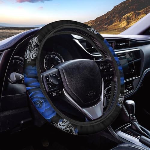 AFPANQZ Car Steering Wheel Covers Universal 15 inch Fit Almost Car Blue Rose Steering Wheel Covers Comfortable Soft Sweat Absorbing Steering Wheel Stretch-on Protector Cover Auto Decoration - color: Rose Blue