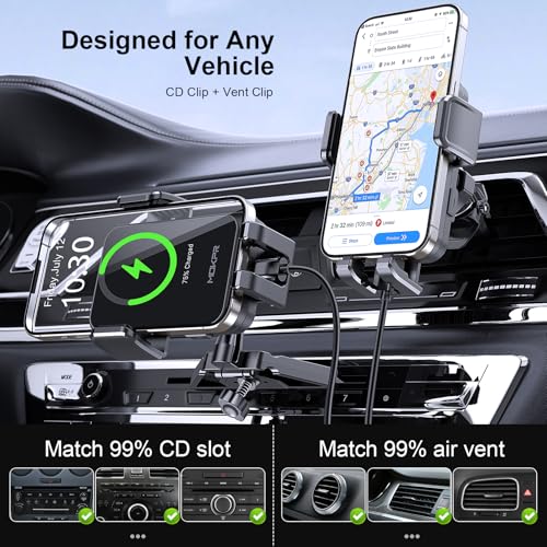 Wireless Car Charger, MOKPR 15W Fast Charging Auto Clamping CD Slot Air Vent Car Phone Holder with LED Light Car Charger for iPhone 16/15/14/13/12 Pro Max Plus, Samsung S23/S22/S21,etc - style: CD Slot Mount
