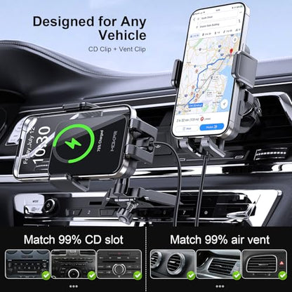 Wireless Car Charger, MOKPR 15W Fast Charging Auto Clamping CD Slot Air Vent Car Phone Holder with LED Light Car Charger for iPhone 16/15/14/13/12 Pro Max Plus, Samsung S23/S22/S21,etc - style: CD Slot Mount