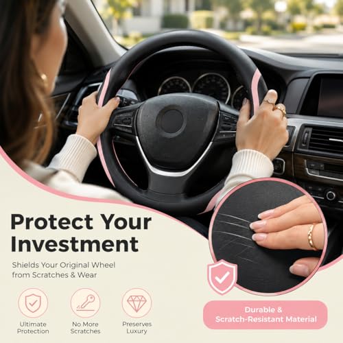 Steering Wheel Cover Black Pink, Leather Car Steering Wheel Covers with Coasters Universal 14.5-15 inch Microfiber Breathable Anti-Slip Steering Wheel Accessories Set - color: Pink, size: Medium