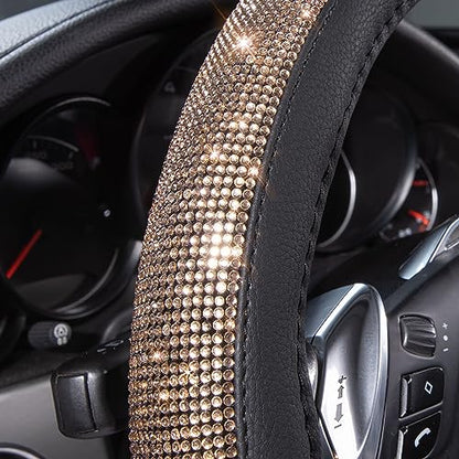 CAR PASS Bling Champagne Diamond Steering Wheel Cover, Black Leather Universal Fit 14.5-15inch Glitter Rhinestones for Women Sparkle Crystal Girly Shining for SUV,Vans,Sedan,Car,Truck, Black Champagne - color: Gold Champagne