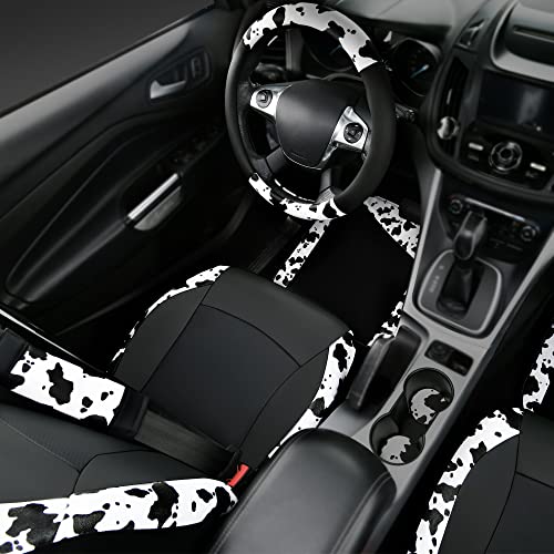CAR-PASS Cow Print Car Accessories Sets Faux Leather Car Seat Covers & Cow Car Mats & Cow Steering Wheel Cover Seat Belt Pads Universal fit for SUV,Van,Saden,Truck Cute Automobile Interior Sets Women - color: Cow Print Combo