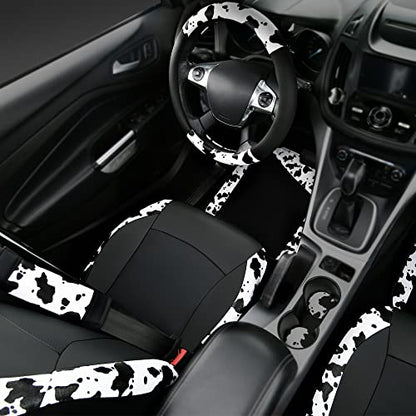 CAR-PASS Cow Print Car Accessories Sets Faux Leather Car Seat Covers & Cow Car Mats & Cow Steering Wheel Cover Seat Belt Pads Universal fit for SUV,Van,Saden,Truck Cute Automobile Interior Sets Women - color: Cow Print Combo