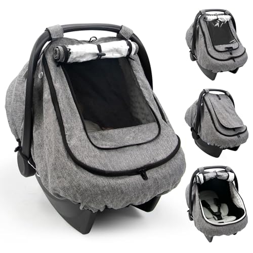 TinlyFinly Waterproof Car Seat Cover for Baby, 2-Layer Car Seat Rain Cover with Clear Window & Sunshade & Mesh Cover, Universal Infant Carseat Canopy for Stroller, Protect from Rain and Snow - Gray - color: Gray