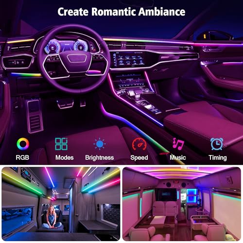 118" Acrylic Interior Car Lights, 0.08in Ultra-Thin Thickness Ambient Lighting Kits with Smart APP, RGB 2 in 1 USB Powered Car LED Strip Light Music Sync Neon Strip for Vehicle (2 * 59in)