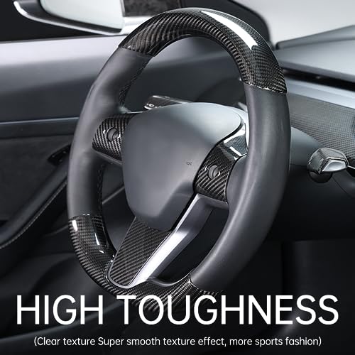 JSWAN Real Carbon Fiber Steering Wheel Cover for Tesla Model 3 2017 to 2023 Model Y 2020 to 2024 Steering Wheel Cover Steering Wheel Wrap Protector Interior Accessories (Bright Black Upper Part)