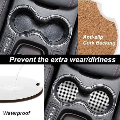 Absorbent Car Coasters 2 Pack for Women/Men,Car Coaster for Drinks,Ceramic Stone Car Cup Holder with A Finger Notch,Black White Check Checkered Plaid - color: Black White Check Checkered Plaid