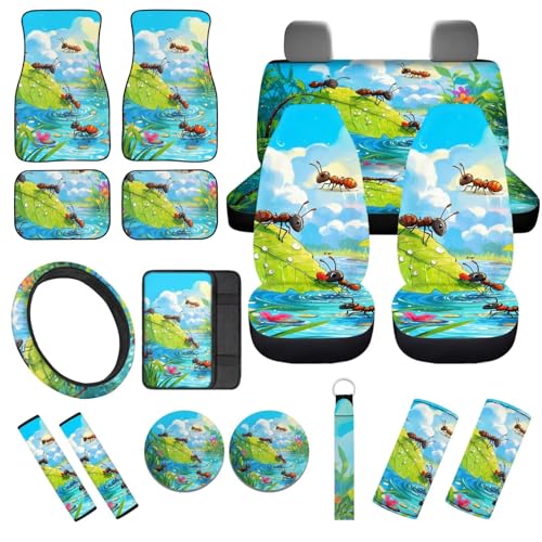 Cute Ant Print 17pcs Car Seat Covers Set Steering Cover Seat Belt Pad Carpet Floor Mat Pads Gift for Women Men 7 - color: Cute Ant Print