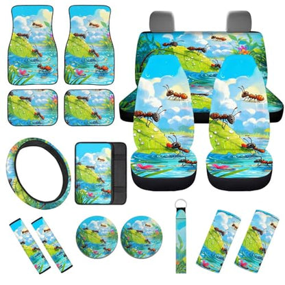 Cute Ant Print 17pcs Car Seat Covers Set Steering Cover Seat Belt Pad Carpet Floor Mat Pads Gift for Women Men 7 - color: Cute Ant Print
