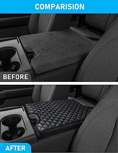 Sinvanho Center Console Cover for Ford F150 F250 F350 F450 F550 2015-2025 with 40/20/40 Jump Seat, PU Leather Middle Console Cover Armrest Seat Box Lid Protective Cover - color: Black