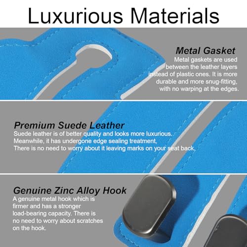 Purse and Bag Hook for Car, Zinc Alloy Seat Headrest Hooks, Upgraded Leather Car Seat Back Purses Hanger and Bags Holder (Blue, 2Pack) - color: Blue
