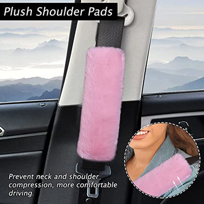 9 Pack Cute Bear Fluffy Steering Wheel Cover with Furry Gear Cover,Handbrake Cover,Seat Belt Pad,Armrest Pad,Bling Car Coaster and Fur Key Chain for Women Girls (Pink) - color: Pink