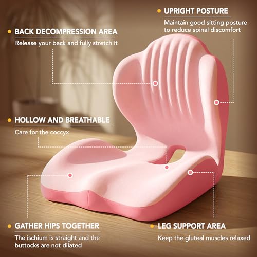 Ergonomic Seat Cushion, Office Chair Seat Cushions with L-Shaped Integrated Design, Memory Foam Orthopedic Cushion with Coccyx Hollow, Lumbar Support & Tailbone Pain Relief for Long Sitting (Pink) - color: Pink