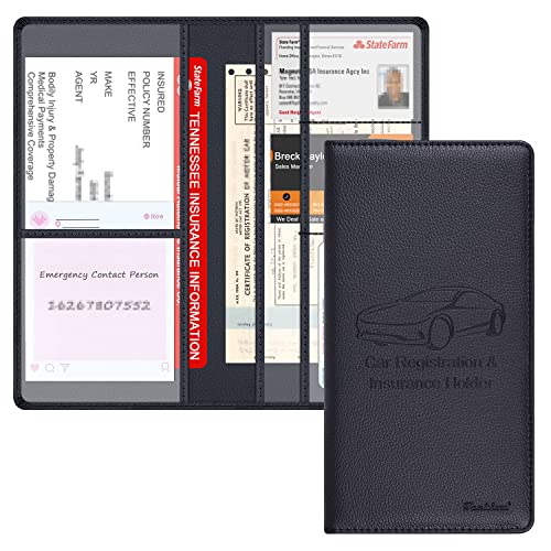 Car Insurance and Registration Holder, 9.5 x 5 Inch PU Leather Vehicle Glove Box Organizer Wallet Case for Insurance Card, Driver License, Paperwork - Black - color: Black