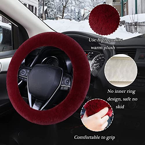 WenMei 1 Set 4 Pcs Fluffy Steering Wheel Cover&Handbrake Cover&Gear Shift Cover&Fluffy Auto Center Console Cover Faux Wool Steering Wheel Covers for Women Universal Car Interior Accessories (Wine red) - color: Wine red