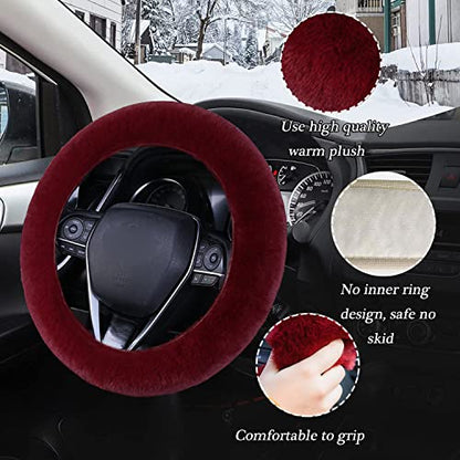 WenMei 1 Set 4 Pcs Fluffy Steering Wheel Cover&Handbrake Cover&Gear Shift Cover&Fluffy Auto Center Console Cover Faux Wool Steering Wheel Covers for Women Universal Car Interior Accessories (Wine red) - color: Wine red