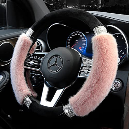 Achiou Rhinestone Fluffy Steering Wheel Cover - Comfortable Non-Slip Luxury Faux Wool, Universal Fit for 14.5" to 15" Steering Wheels - color: Black and Pink