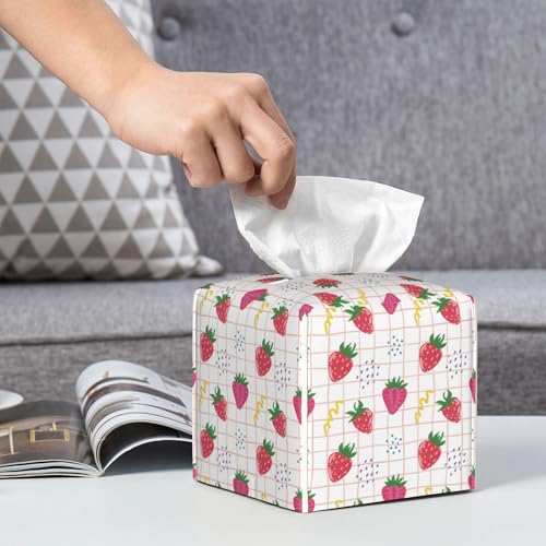 Cute Pink Strawberries Tissue Box Cover Square,Cartoon Strawberry Fruits Tissue Box Holder Waterproof Leather Facial Paper Organizer Dispenser for Bathroom Home Car Nightstand Vanity Desk - color: Color-14